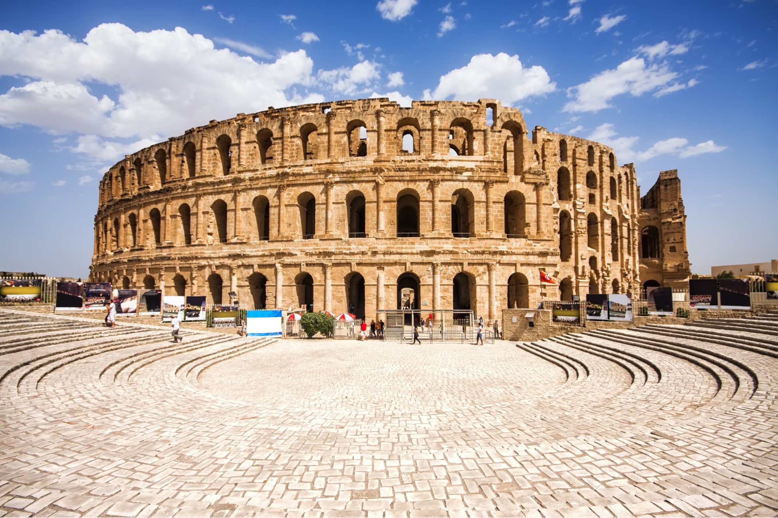 El Djem Tunisia Roman amphitheatre line production featured hero — third-century structure 35,000 spectator capacity, UNESCO World Heritage filming permit destination