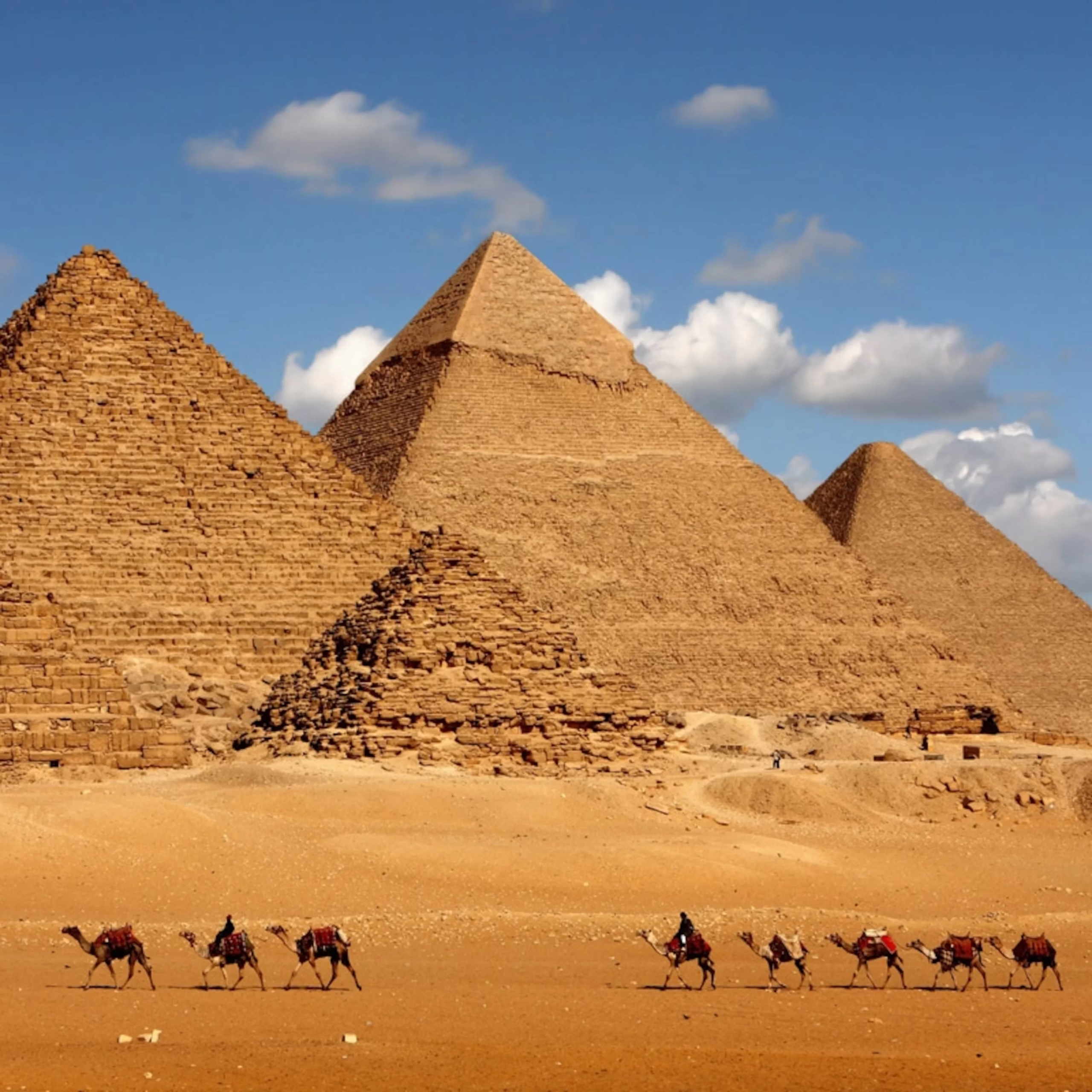 Giza Pyramids with camels on the plateau at sunset