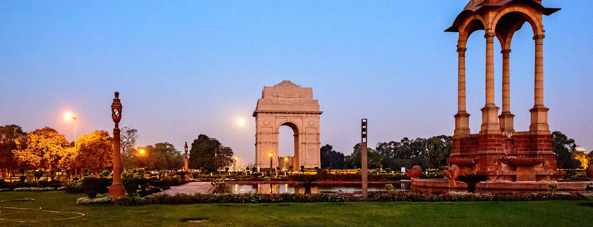 India Gate Delhi on the Rajpath ceremonial axis — federal-security filming zone coordinated through PIB